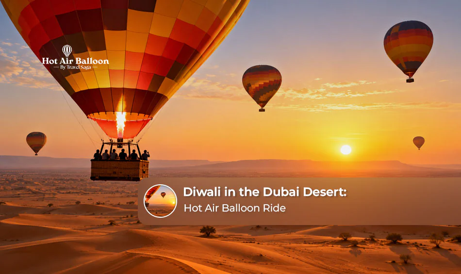 A hot air balloon floating over the Dubai desert during a festive Diwali sunrise experience.