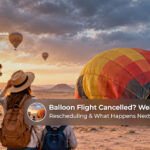 Hot air balloon flight cancellation with travellers waiting for rescheduling information.