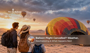 Hot air balloon flight cancellation with travellers waiting for rescheduling information.