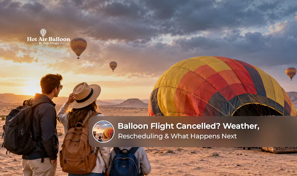 Hot air balloon flight cancellation with travellers waiting for rescheduling information.