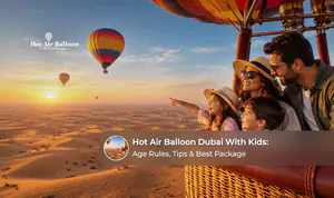 Family enjoying a hot air balloon flight over the Dubai desert at sunrise.