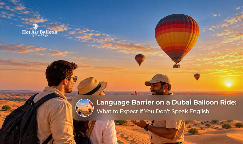 Tourists listening to a hot air balloon pilot explain flight instructions before takeoff in Dubai.